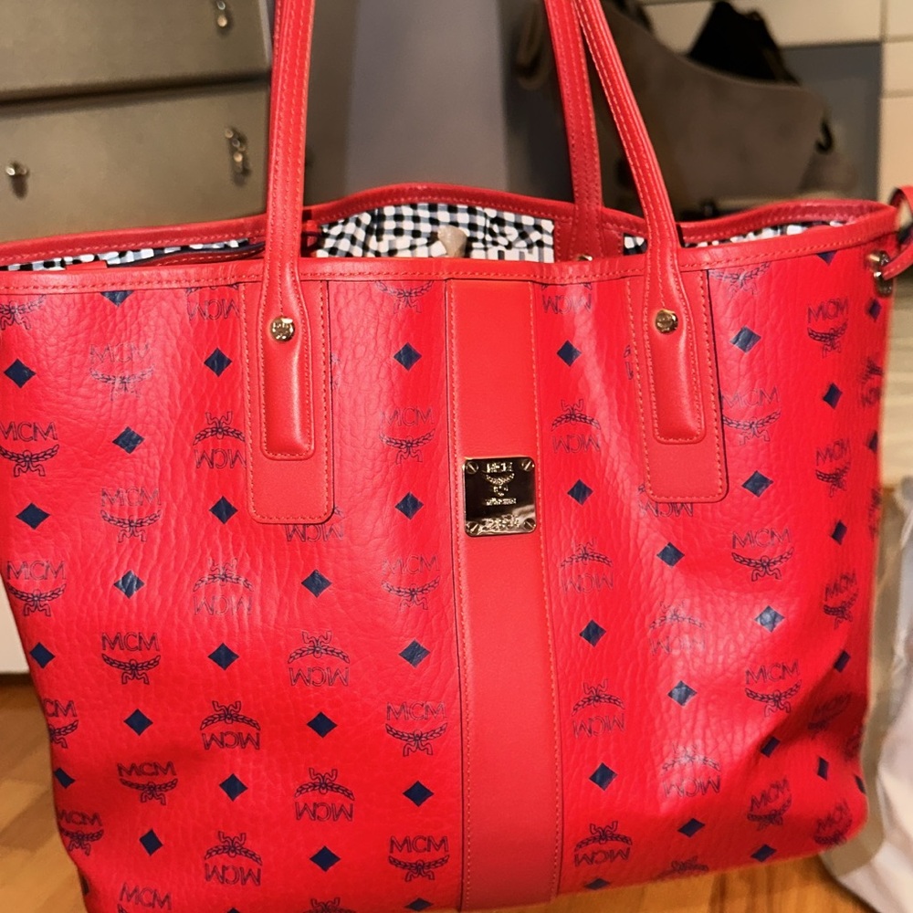 MCM Red Leather Tote Bag